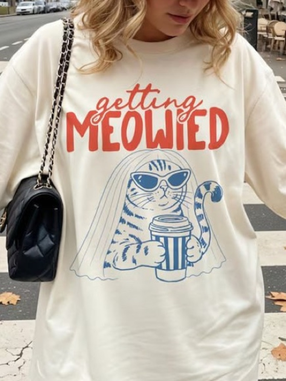 Gildan Cream Short Sleeve Tee with Red 'Getting Meowied' & Blue Cat Graphic